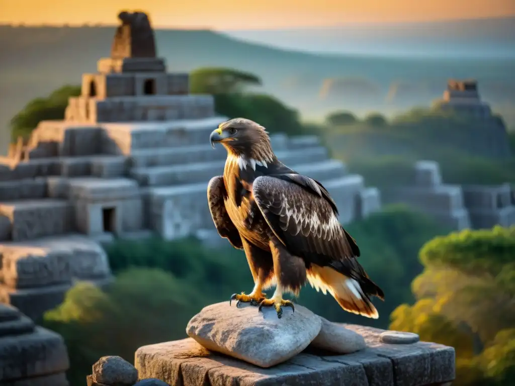 Un majestuoso águila dorada sobre un monumento maya con símbolos poderosos, encarna la libertad