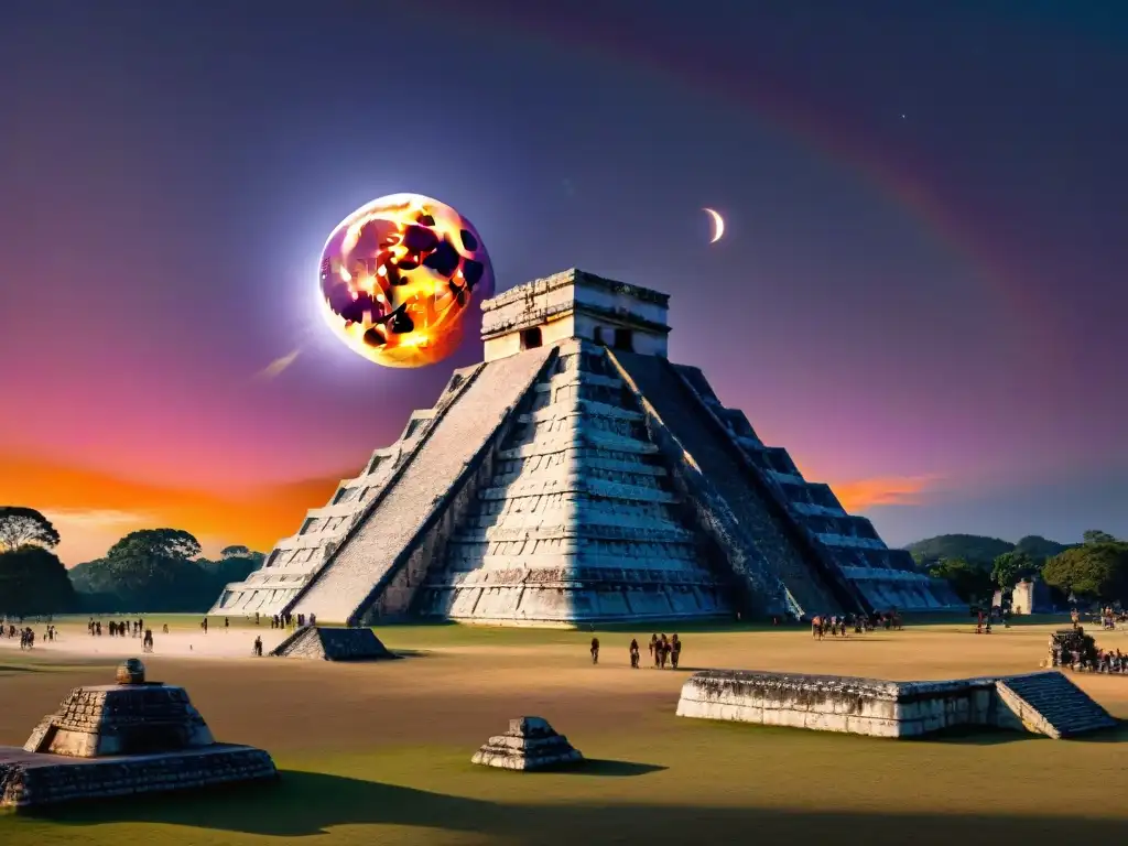 Majestuoso eclipse solar sobre Chichén Itzá, pirámide de El Castillo en silueta