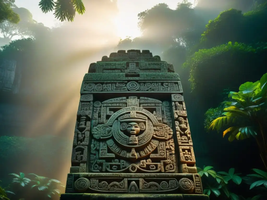 Majestuoso glifo maya en un yacimiento arqueológico, iluminado por la luz dorada del amanecer en la selva