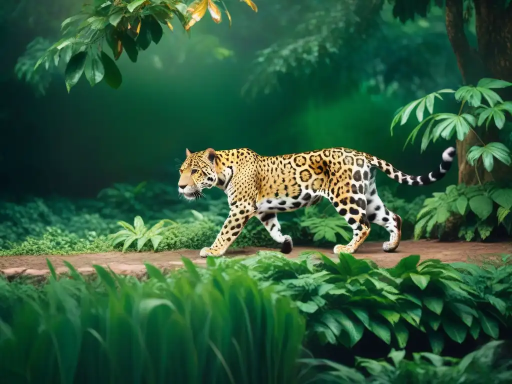 Un majestuoso jaguar dorado se desliza sigiloso por la exuberante selva, mostrando su poderoso significado en la mitología maya