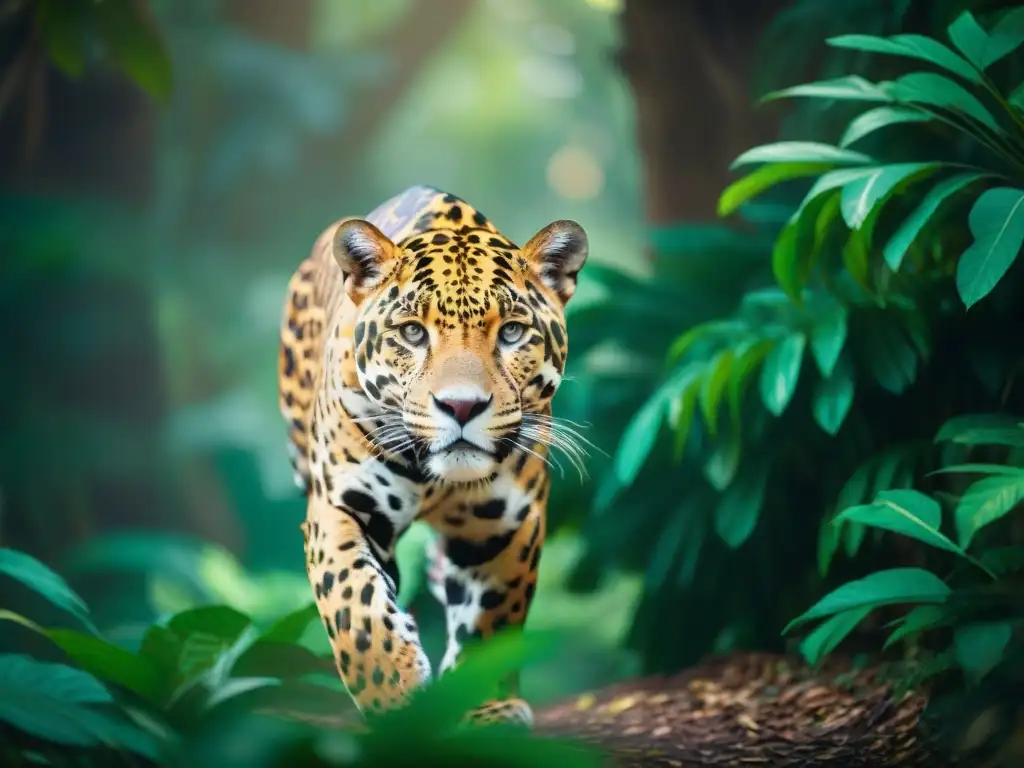 Un majestuoso jaguar se desplaza sigilosamente en la exuberante selva maya, su pelaje dorado resplandeciendo bajo la luz filtrada a través del dosel