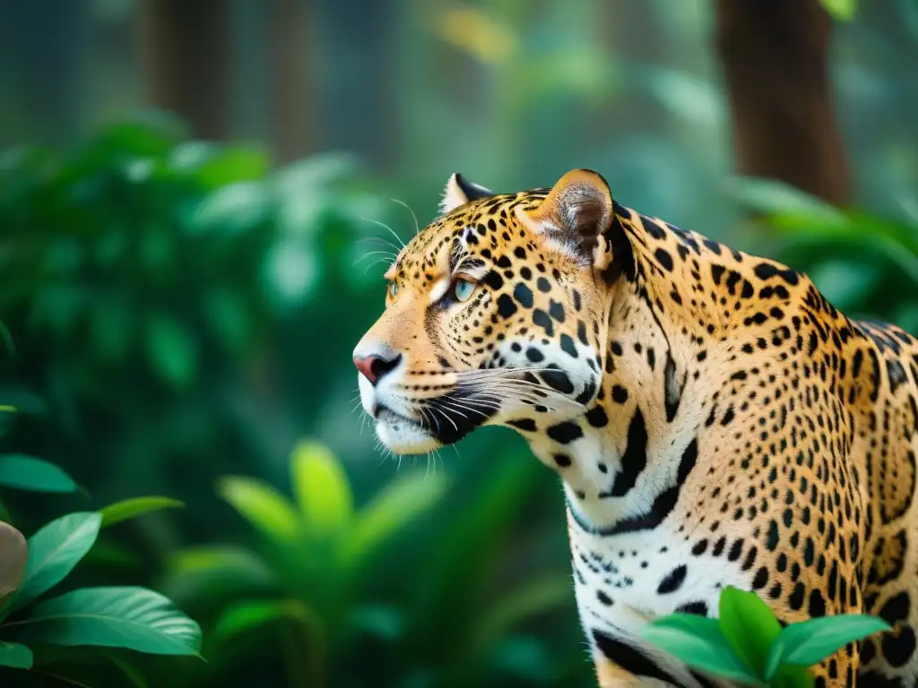 Un majestuoso jaguar en la selva, reflejando el significado de animales sagrados en la cultura maya