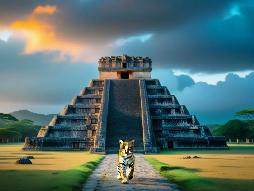 Un majestuoso jaguar emerge de las sombras en ruinas mayas al anochecer, mostrando la conexión entre jaguar y cultura maya