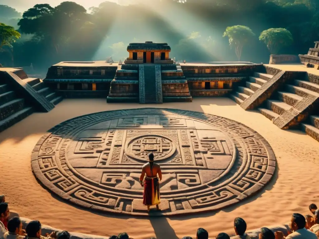 Majestuoso juego de pelota civilización maya en un campo bien conservado, con jugadores y espectadores