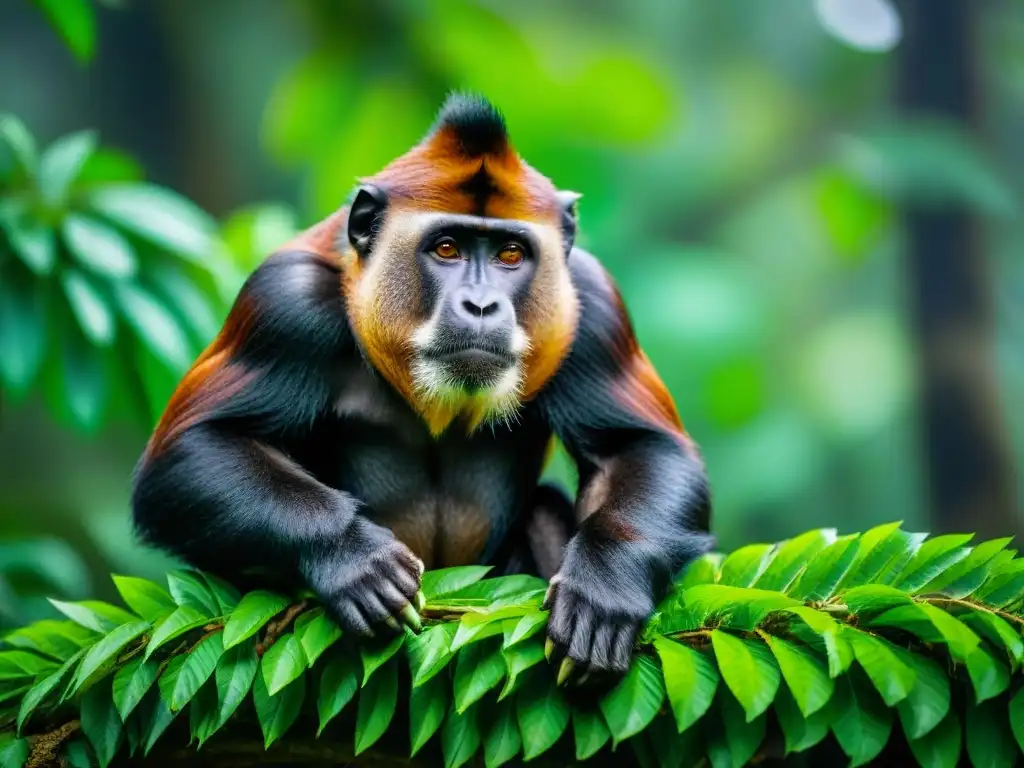 Un majestuoso Mono Aullador Cultura Maya en la selva tropical, con pelaje vibrante y ojos penetrantes