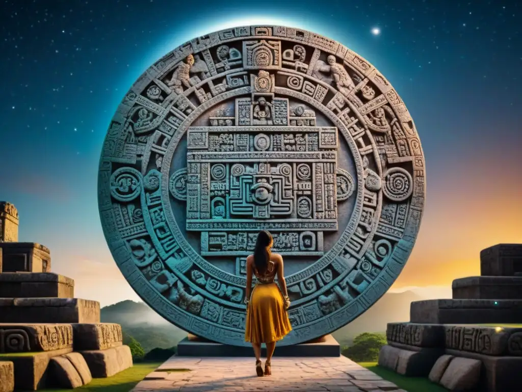 Un majestuoso monumento de piedra con detallados grabados del Calendario Maya bajo un cielo estrellado