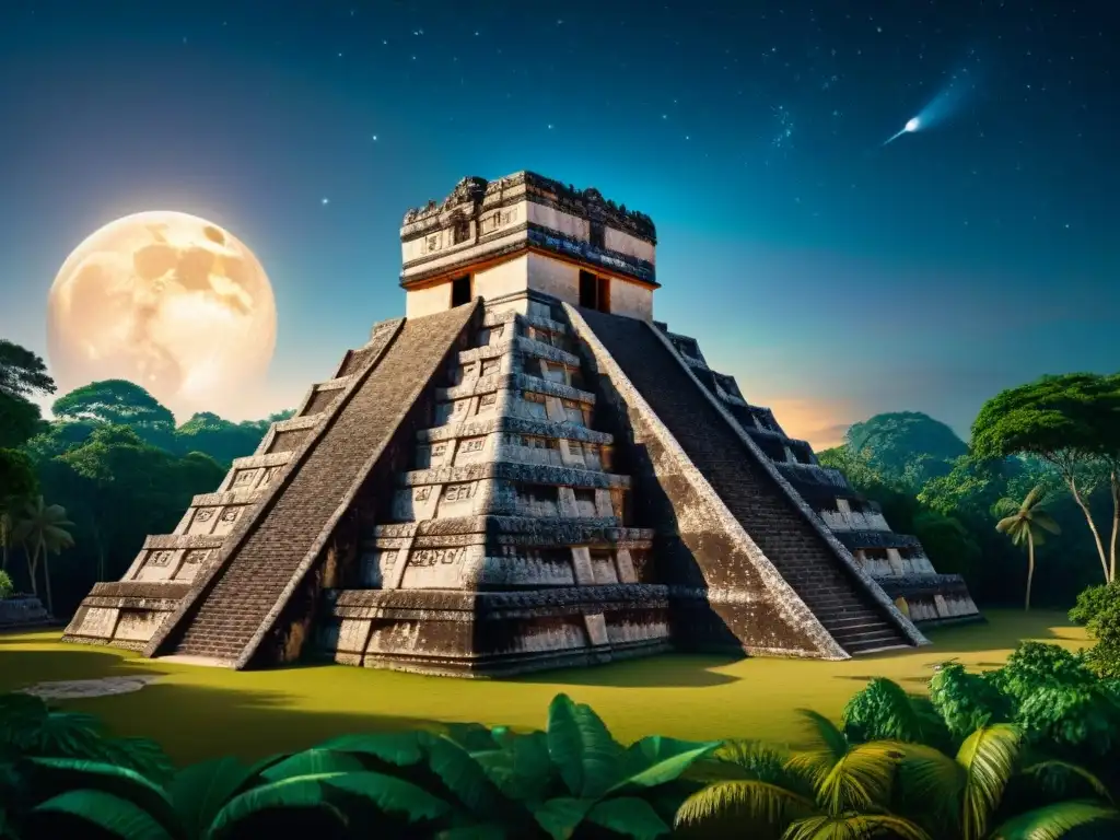 Majestuoso observatorio maya con tallados celestiales y la selva exuberante; muestra la armonía entre la civilización y el cosmos