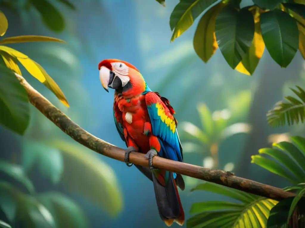 Un majestuoso Guacamayo Escarlata posado en la selva maya