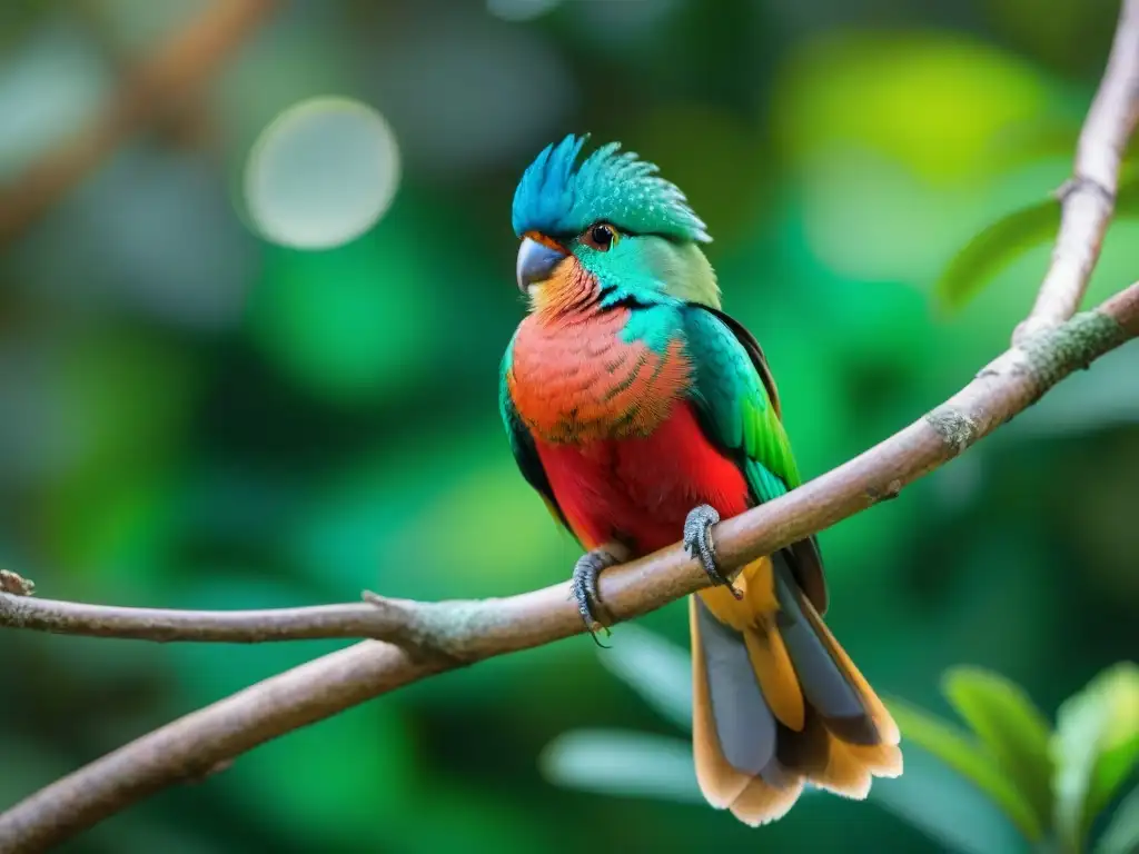 Un majestuoso quetzal ave sagrada en su hábitat natural, destacando su plumaje vibrante y reluciente