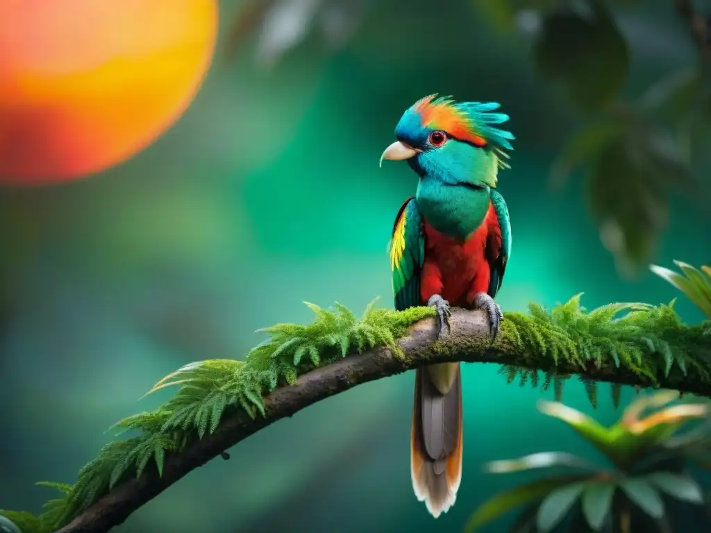 Majestuoso Quetzal con plumaje verde y rojo bajo el sol dorado en rama verde