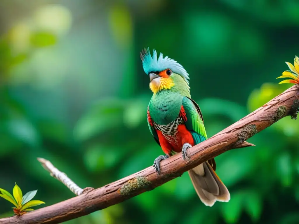 Majestuoso Quetzal sobre rama en bosque tropical con ruinas mayas, reflejando creencias mayas sobre insectos