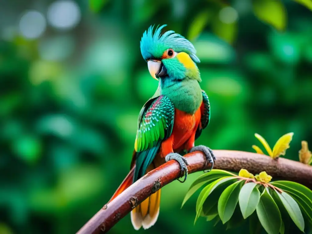 Majestuoso Quetzal en rama verde, plumaje iridiscente