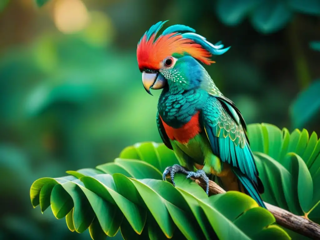 Majestuoso Quetzal en rama verde, plumaje iridiscente, rodeado de ruinas antiguas