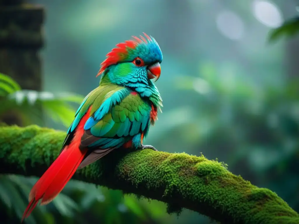 Majestuoso Quetzal en la selva, con plumaje verde y rojo, junto a templos mayas