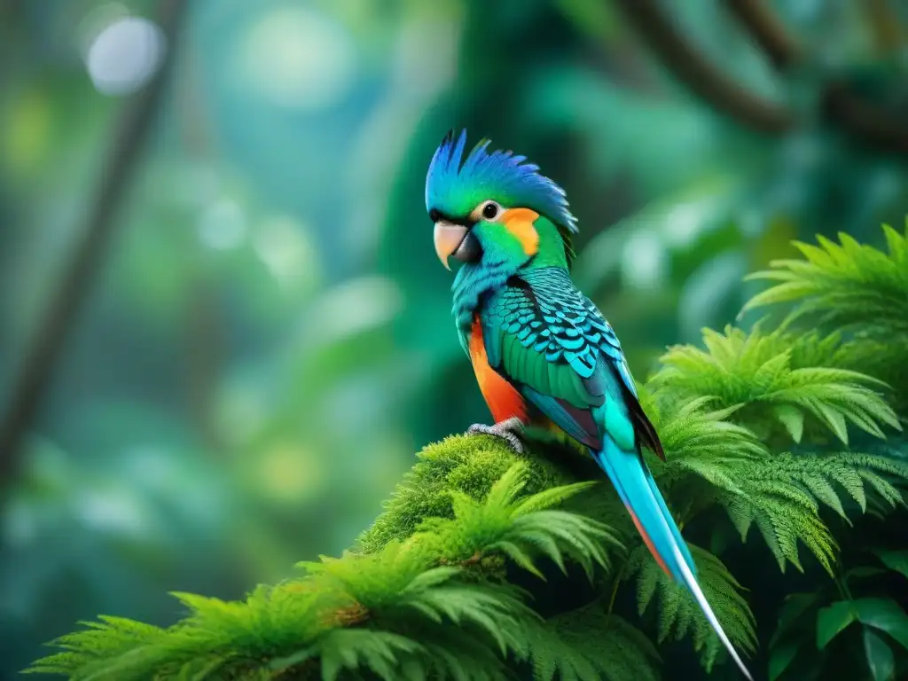 Majestuoso Quetzal en la selva: su plumaje iridiscente y cola larga destacan, simbolizando el significado y simbolismo animal cultura maya