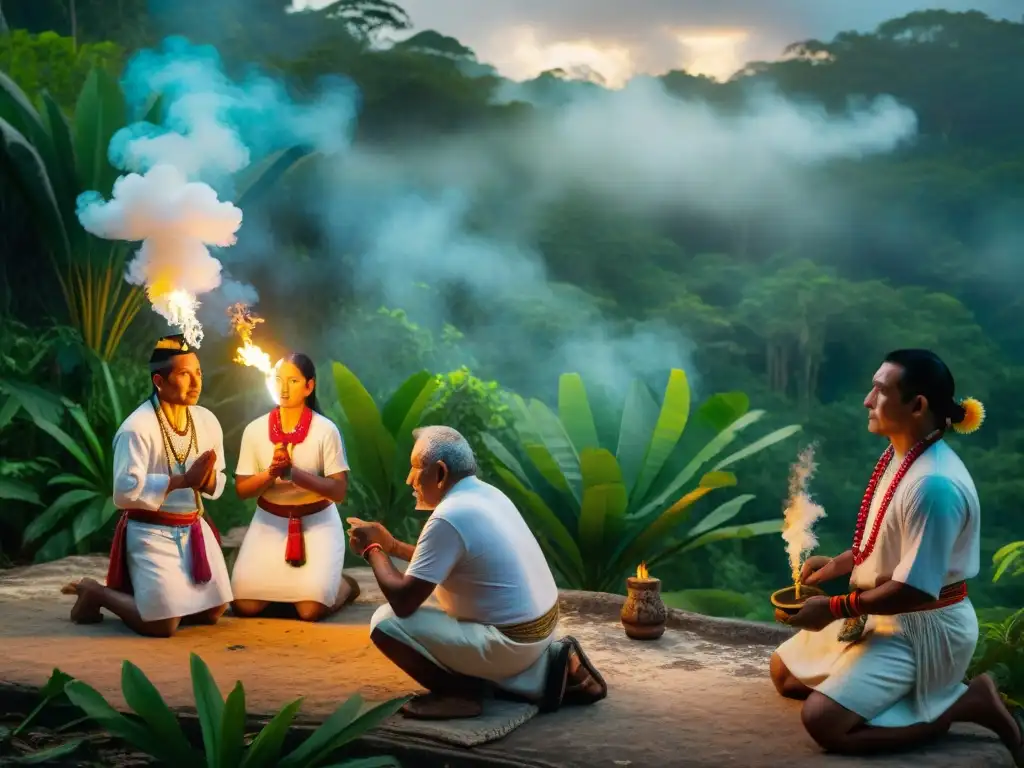 Majestuoso ritual de iniciación maya en la jungla: ancianos en vestimenta tradicional guían a jóvenes con reverencia