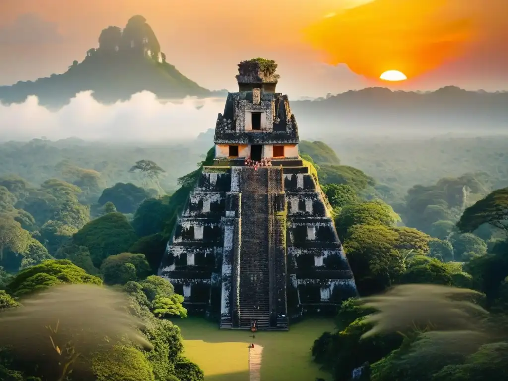 Majestuoso Templo I en Tikal con alineaciones astronómicas en un atardecer vibrante