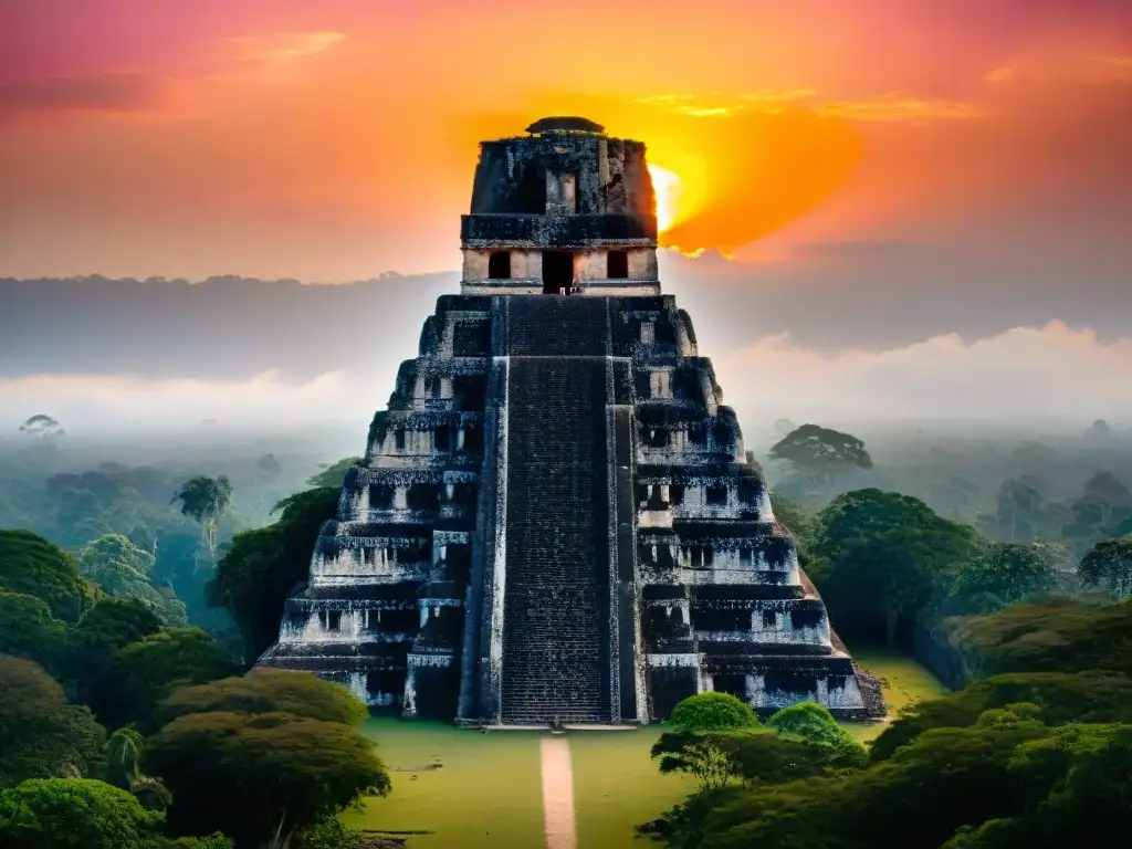 El majestuoso Templo del Jaguar Gigante en Tikal al atardecer, resaltando la iconografía Maya