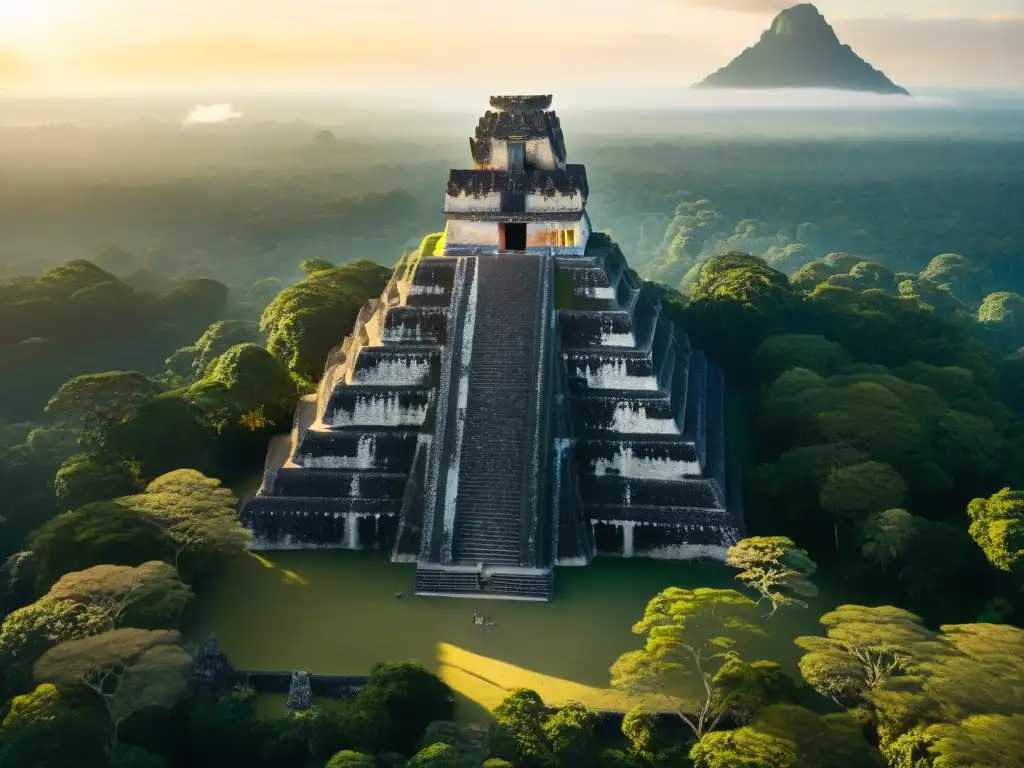 El majestuoso Templo del Gran Jaguar en Tikal al amanecer, reflejando el significado de Dios sol Kinich Ahau en la arquitectura maya