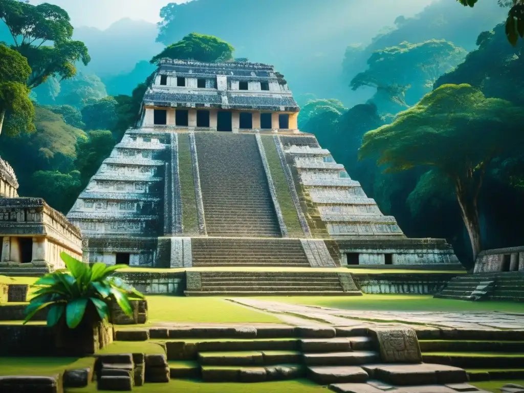 Majestuoso Templo de las Inscripciones en Palenque, Chiapas, México, entre la exuberante selva verde, bajo un cielo azul