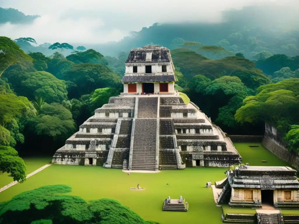 El majestuoso Templo de las Inscripciones en Palenque, revelando la maestría arquitectónica maya con inscripciones jeroglíficas