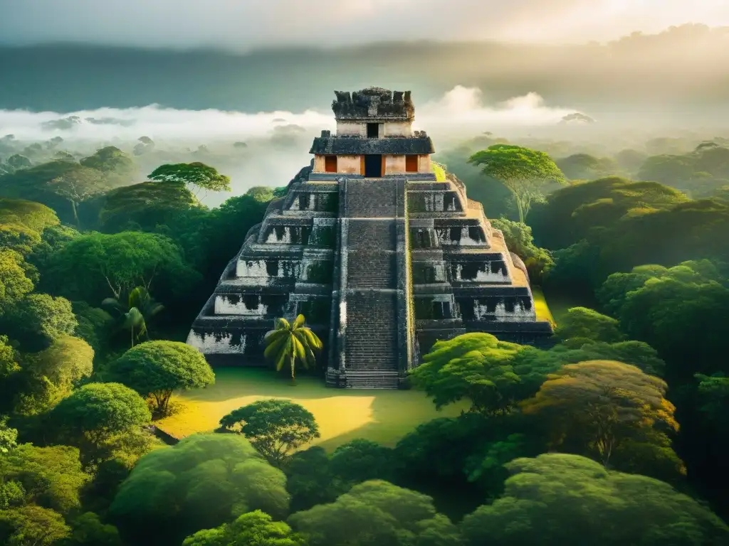 Majestuoso templo maya al amanecer, envuelto en niebla