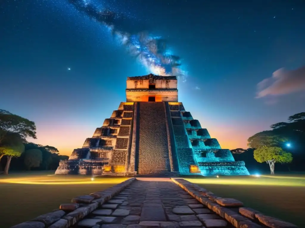 Majestuoso templo maya bajo cielo estrellado, reflejando la influencia de impactos cósmicos en la civilización maya