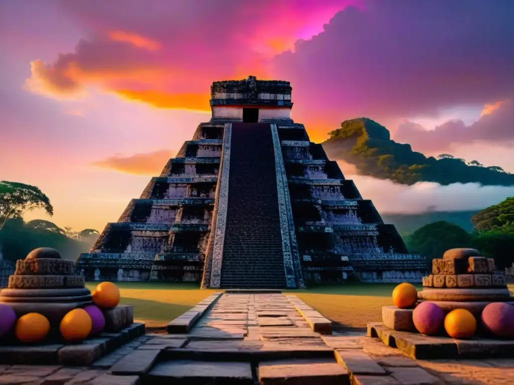 Majestuoso templo maya al anochecer, con detalles tallados iluminados por el sol poniente, destacando el altar de sacrificios