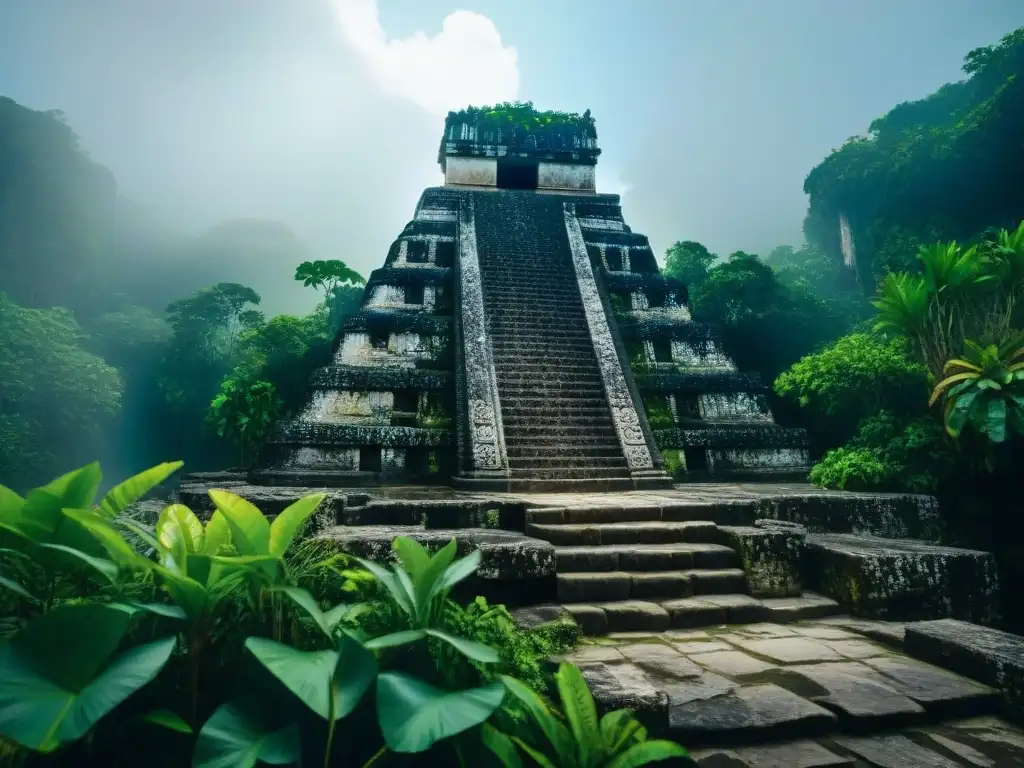 Majestuoso templo maya entre vegetación exuberante y un cenote misterioso bajo un cielo dramático