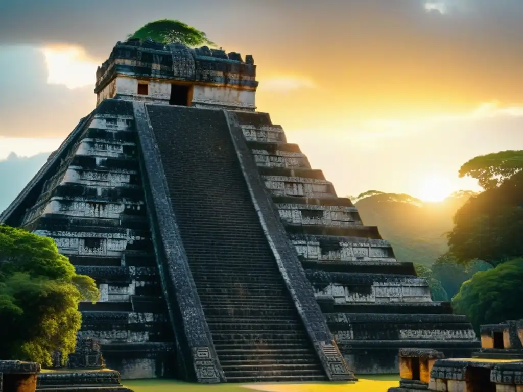 Majestuoso templo maya con intrincados grabados, rodeado de vegetación y bañado por la cálida luz del atardecer