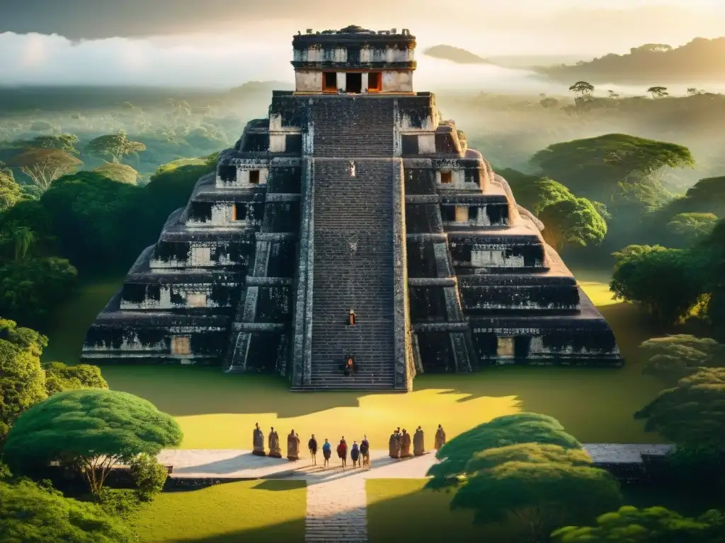 Un majestuoso templo maya al amanecer en la jungla, resaltando sus detalles arquitectónicos avanzados