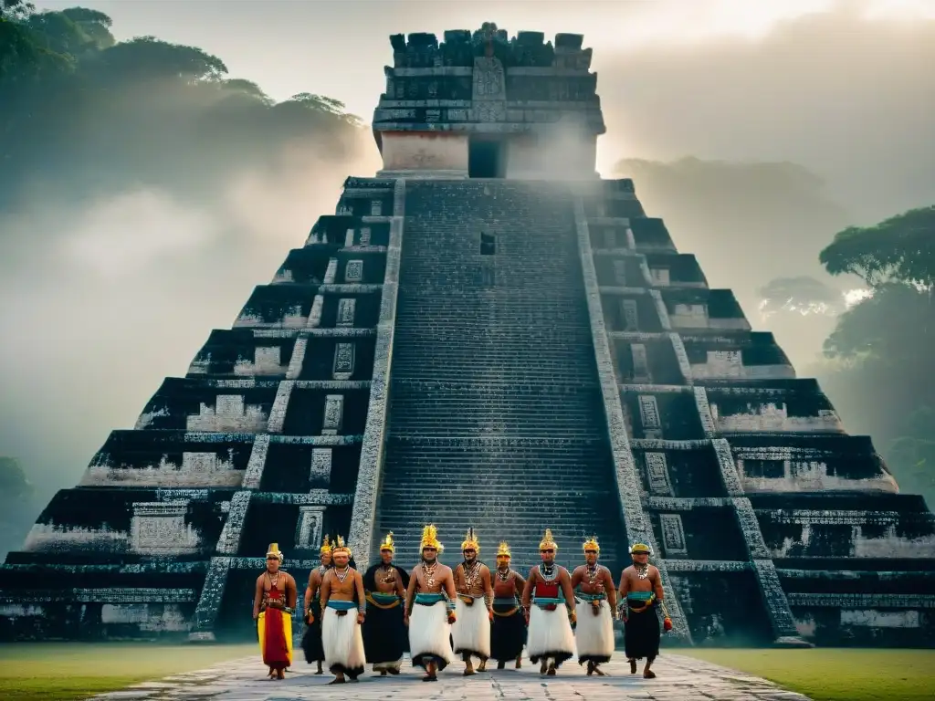 Majestuoso templo maya emerge en la niebla al amanecer, danza ritual en primer plano