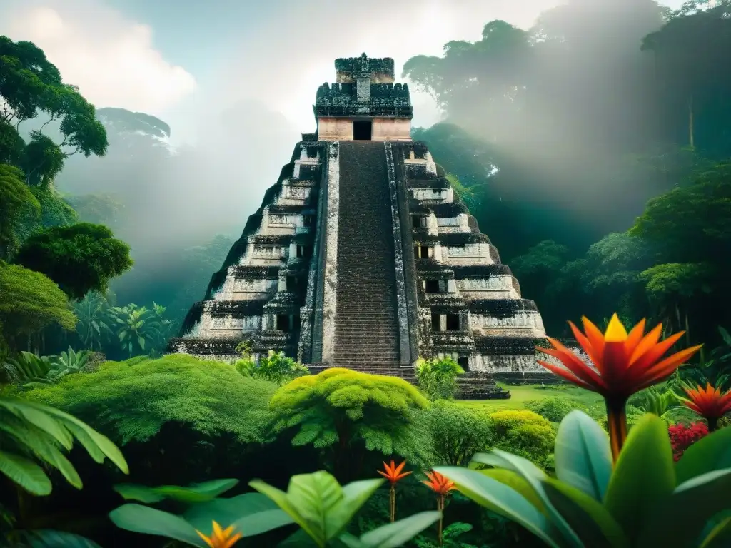 Majestuoso templo maya rebosante de vegetación, ilustrando la importancia de las plantas en la conservación de la cultura maya