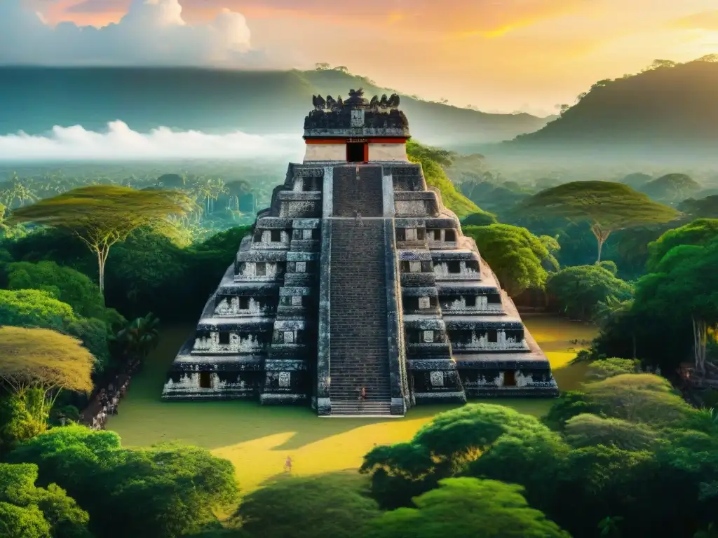 Majestuoso templo maya con rituales de victoria en la jungla al atardecer