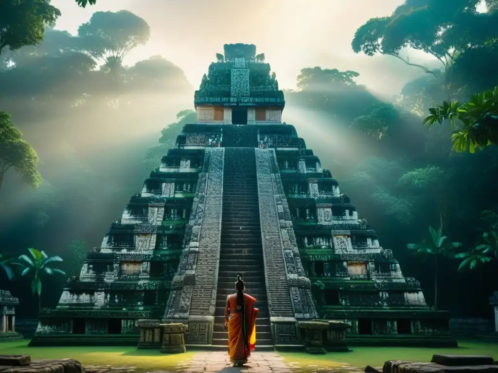 Majestuoso templo maya en la selva con detallados grabados de rituales mayas sacrificio animal