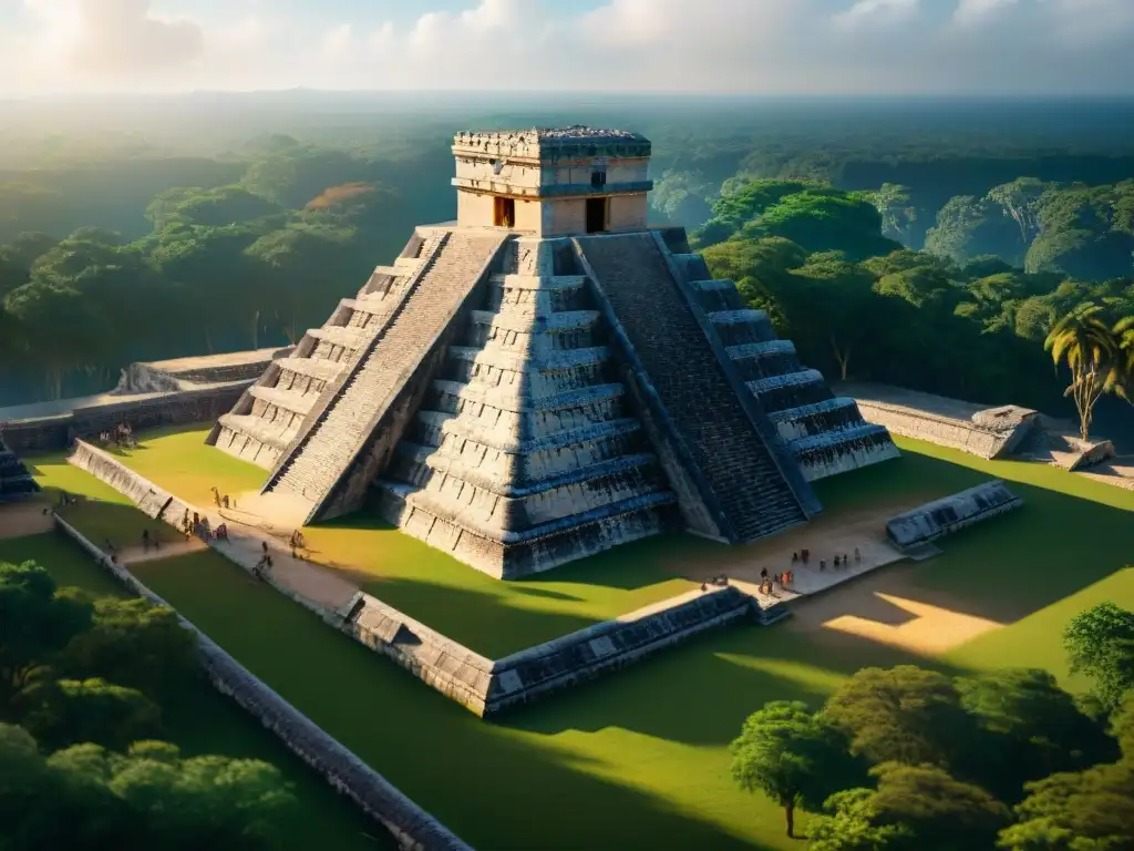 Reconstrucción 3D del majestuoso Templo de Kukulkán en Chichén Itzá, resaltando la preservación del patrimonio maya