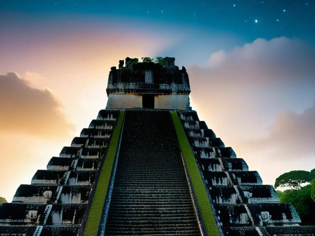 Majestuoso Templo I de Tikal con alineaciones astronómicas en la noche estrellada