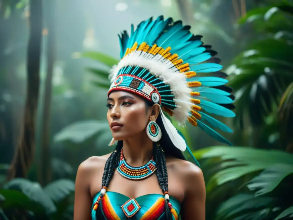 Un majestuoso tocado maya de plumas vibrantes y patrones intrincados, simbolizando purificación y renovación en la tradición maya, en un bosque tropical iluminado por rayos de sol