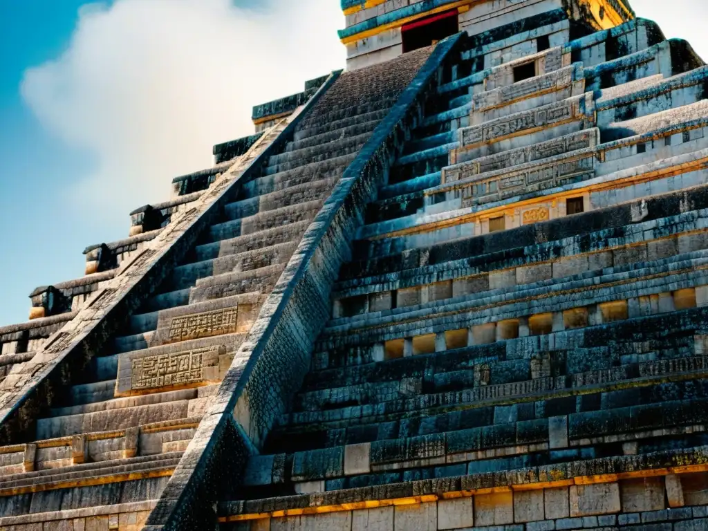 Majestuosos grabados y patrones geométricos del Templo de Kukulcan en Chichen Itza, resaltando la Proporción Áurea Maya en su arquitectura