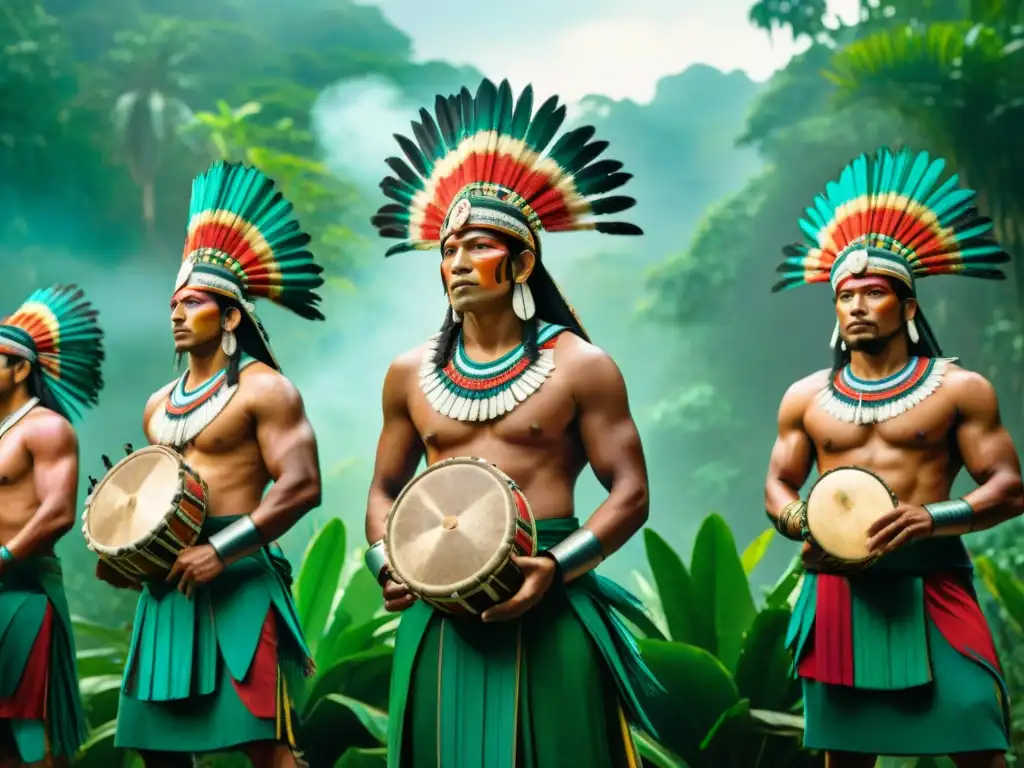 Majestuosos guerreros mayas en plena danza con tambores ceremoniales en la selva, evocando la esencia de la música y danzas mayas bélicas