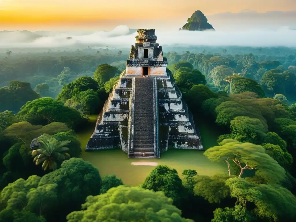 Majestuosos observatorios mayas Plazas Gemelas en Tikal, entre la exuberante jungla guatemalteca al atardecer