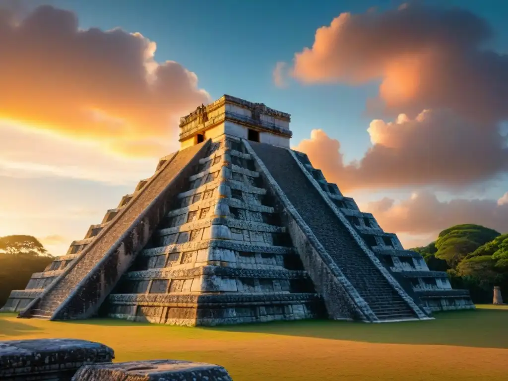 Majestuosos restos de un templo maya al atardecer, con tallados detallados y símbolos astronómicos, bajo un cielo estrellado