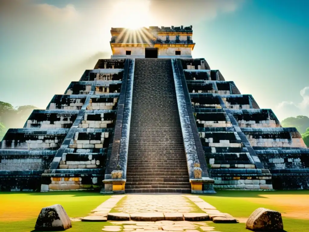 Majestuosos símbolos Kukulkán Maya detallados en el Templo de Kukulkán en Chichén Itzá, iluminados por el sol