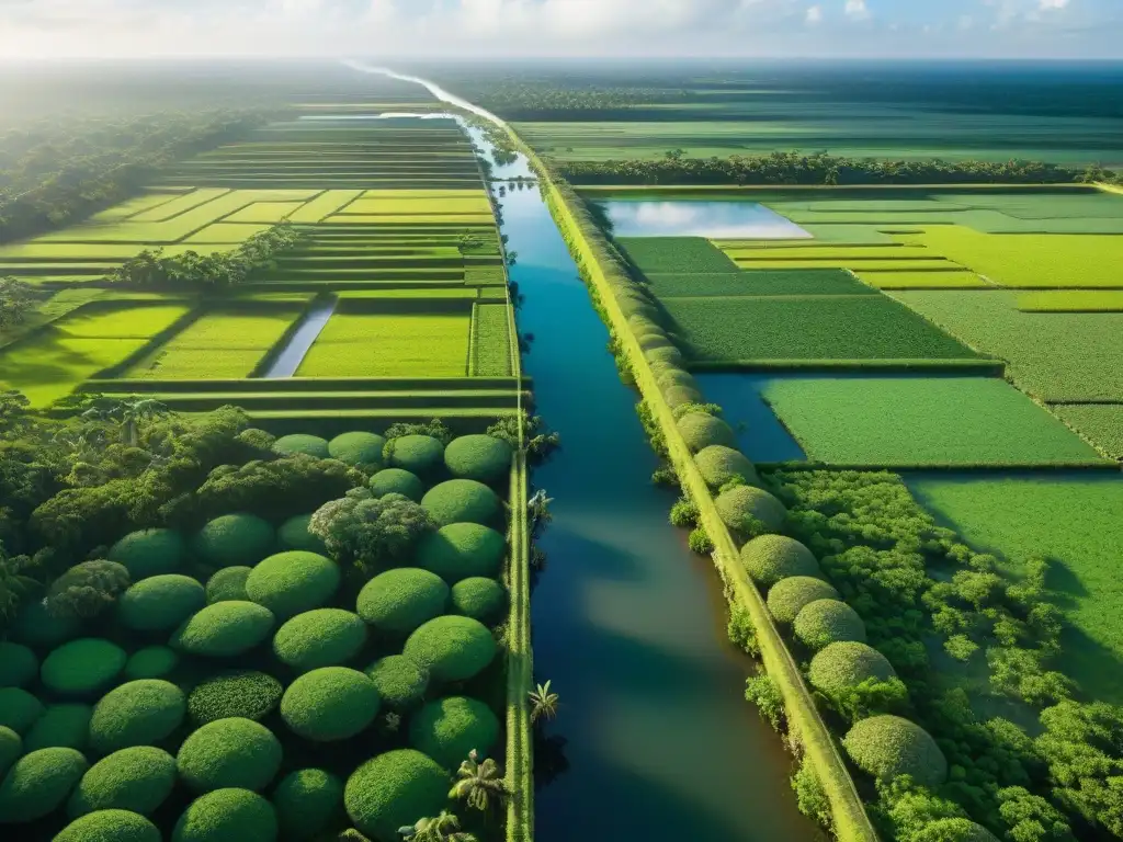 Los majestuosos sistemas de riego mayas innovadores brillan en esta vista aérea, testamento de su avanzada ingeniería agrícola