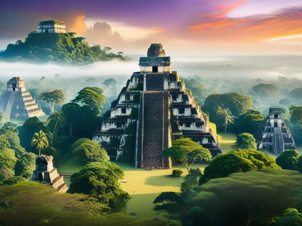 Ruinas Mayas de Tikal al Atardecer: Belleza Misteriosa Majestuosos templos mayas en Tikal al atardecer, rodeados de selva exuberante y neblina