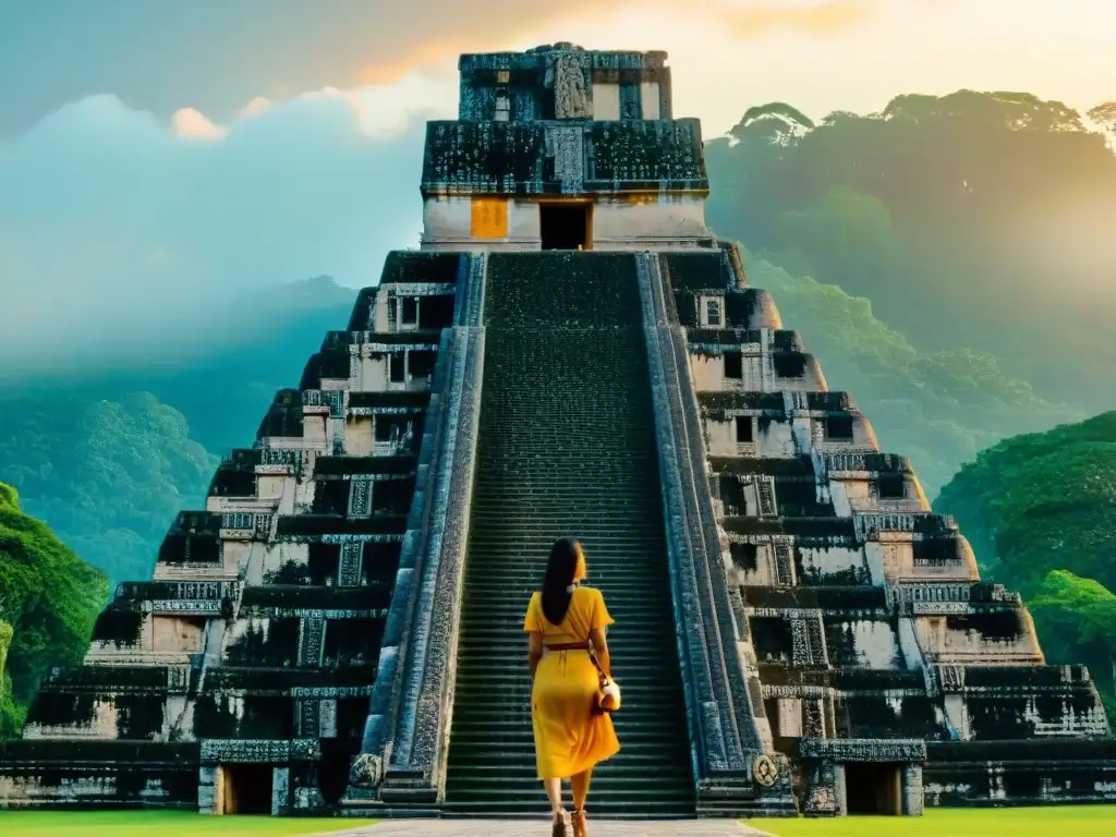 Majestuosos templos mayas en Tikal al amanecer, con luz dorada resaltando sus grabados