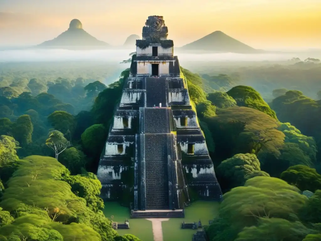 Majestuosos templos de piedra en Tikal emergen sobre la selva guatemalteca al atardecer