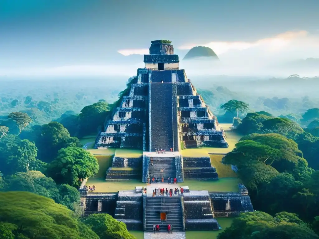 Una mañana mística en Tikal con Los gemelos heroicos mayas, templo y guía local narrando historias