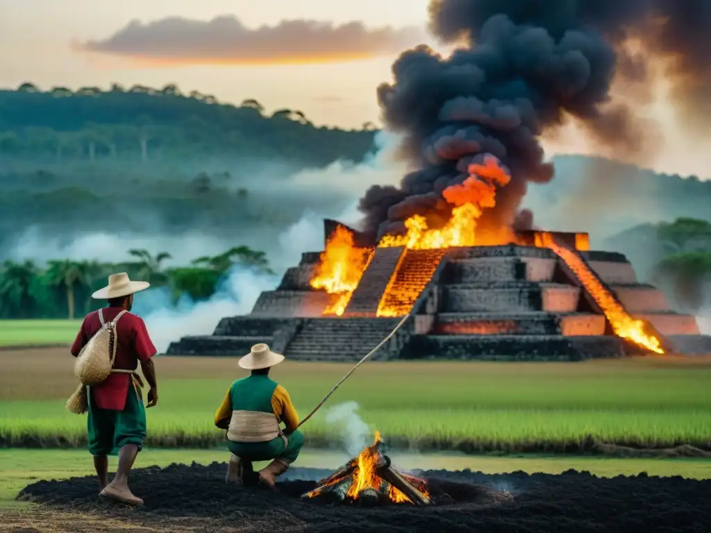 Manejo del fuego en agricultura maya: Mayas realizan quema controlada en campo agrícola, bajo la mirada de un anciano, con ruinas al fondo