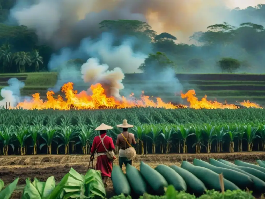 Manejo del fuego en agricultura maya: Agricultores mayas realizan quema controlada en exuberante campo rodeado de selva